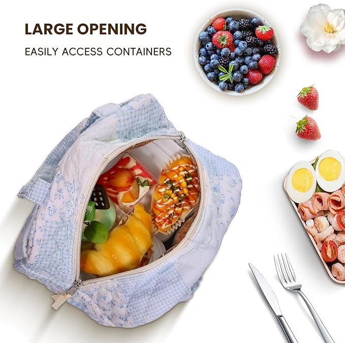 Quilted Lunch Box for Women,Insulated Cute Reusable Lunch Bag with Front Pocket,Pink Flower Stylish Lunch Tote Bag for Work, Office,Picnic, Travel,School (green blue pin)