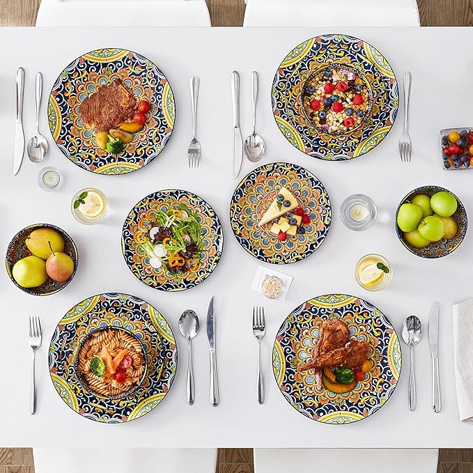 vancasso 12 Pieces Dinnerware Sets, Dark Green Plates and Bowls Set, Porcelain Dishes Set for 4, Microwave and Dishwasher Safe, Scratch Resistant, Bohemian Style Dining Ware Service for 4, Series SIMI