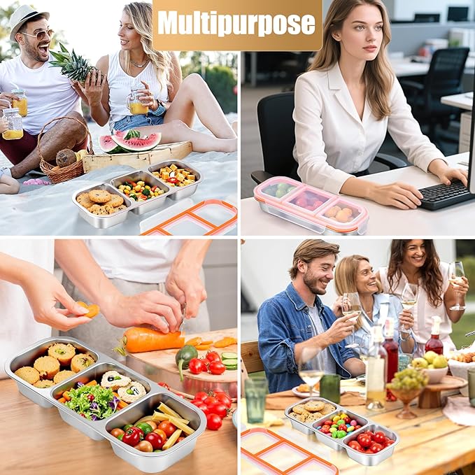 3 Pack Stainless Steel Snack Containers - Reusable 3 Compartment Snackle Box Container with Lids for Kids Adults, Divided Snack Food Storage Containers for School, Home, Travel