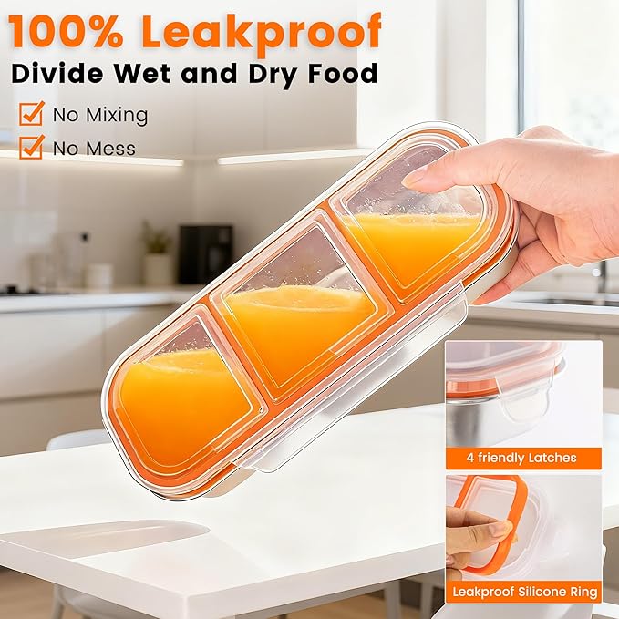 Bandesun Stainless Steel Snack Containers for Kids, Leak Proof 3 Compartment Food Storage Containers with Lids, Reusable Stackable Lunch Box for Travel, Home, Travel 3Pack