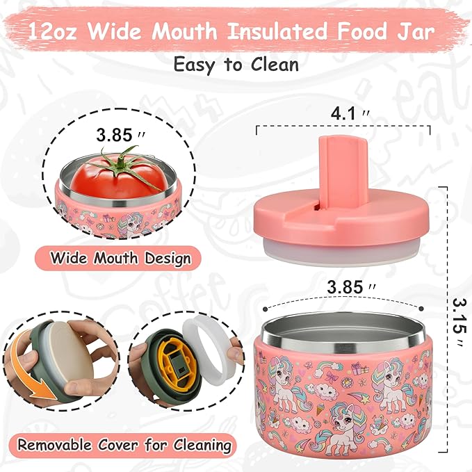 12oz Insulated Vacuum Food Jar with Buckle Lid Wide Mouth Soup Thermo for Hot Food Kids Leakproof Stainless Steel Lunch Container (Pink-Horse)