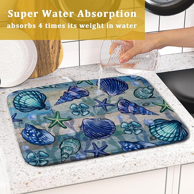 Starfish Seashell Dish Drying Mat 16x18 inch Coastal Beach Dish Drainer Rack Pad Absorbent Microfiber Fast Dry Kitchen Counter Accessories