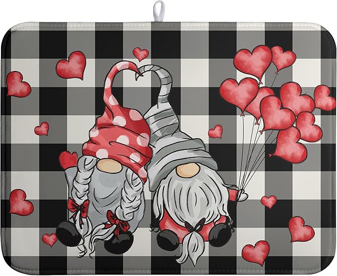Valentine Gnome Hearts Dish Drying Mat Valentines Gnomes Dishes Dryer Mats for Kitchen Countertop 18x24 Inches Under Coffee Maker Drainer Matt Microfiber Large