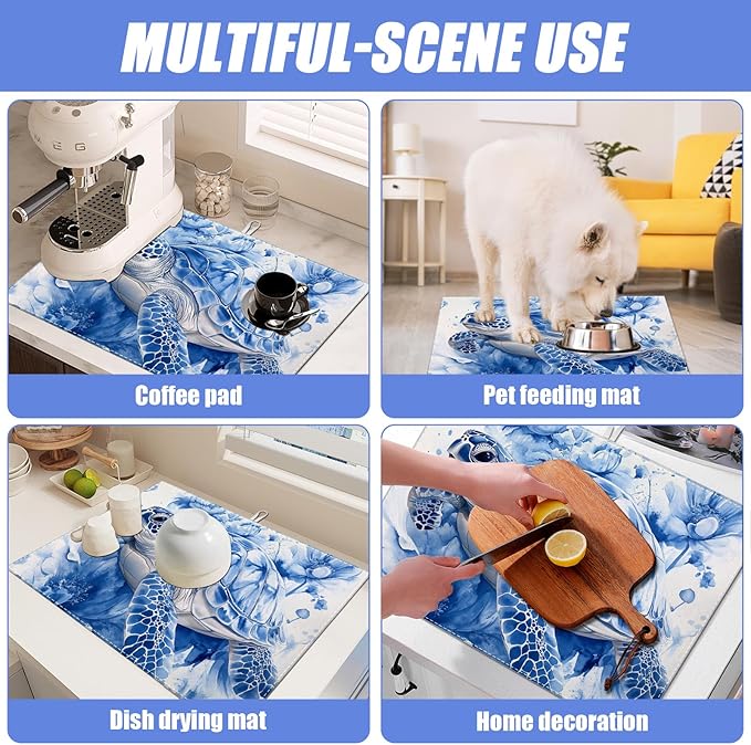 Watercolor Turtle Floral Dish Drying Mat for Kitchen Counter Drying Pad Absorbent Reversible Dish Drainer Rack Mats Draining Pad 18"x24"Inch