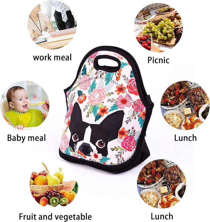Boston Terrier Dog Florals Lunch Bag Cute Pug Lunch Bags for Women Kids Girls Men Teen Boys Insulated Waterproof Lunch Tote Colorful Flower Printed Box for Work Travel and Picnic