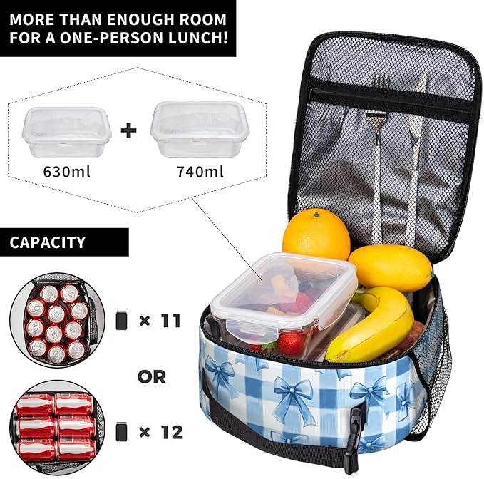 SUPLUCHOM Lunch Bag Blue Bows Check Insulated Bento Box Cooler with Side Pocket for Girl Boy Women Men Work School Picnic Hiking Daytrip