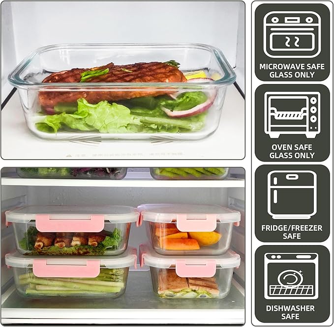 10 Pack Glass Food Storage Containers with Airtight Lids, Ideal for Meal Prep, Lunches - Microwave and Dishwasher Safe, Pink