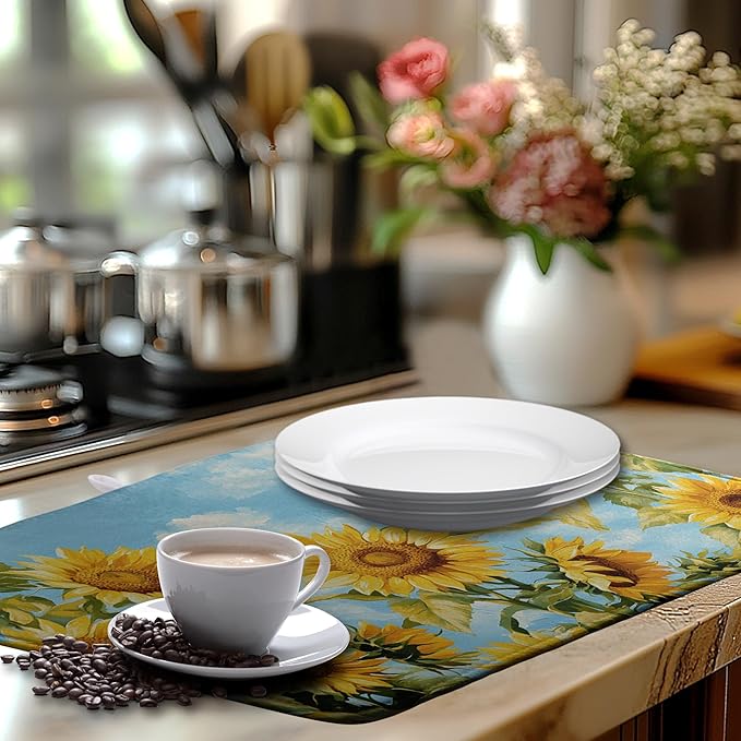 Summer Sunflower Dish Drying Mat for Kitchen Counter Watercolor Rustic Sunflowers Kitchen Dishes Dryer Pad Absorbent Matt Microfiber Washable Foldable Reusable Large 18x24 in