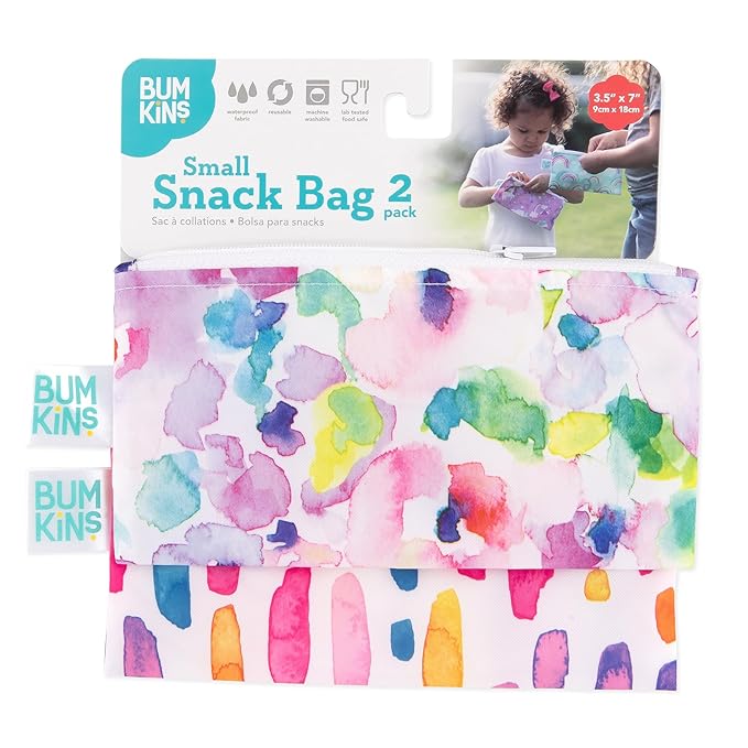 Bumkins Reusable Snack Bags, for Kids School Lunch and for Adults Portion, Washable Fabric, Waterproof Cloth Zip Bag, Supplies Travel Pouch, Food-Safe, 2-pk Watercolors and Brushstrokes