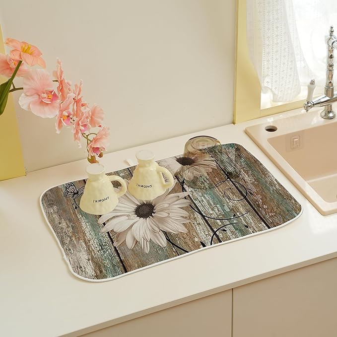 Rustic Daisy Dish Drying Mats 18x24 Inch Vintage Sunflowers on Wooden Board Drying Mats Seasonal Outdoor Farmhouse Decor Coffee Bar Mat Fast Drying for Kitchen Dining Room Decorative