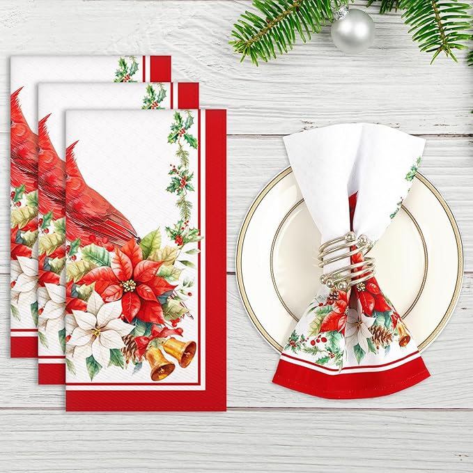 Christmas Cardinal Napkins, 18×18 Inch Floral Dinner Cloth Napkins Set of 6, Washable Cotton Soft Absorbent Square Napkins for Dining Kitchen Party Wedding Decoration