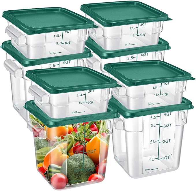 Suclain 8 Pcs Food Storage Container with Lids Set 2qt and 4qt Square Clear Commercial Containers with Scales Handles for Home Restaurant Kitchen Food Storage, Marinating Meat, Proof Dough (Green)