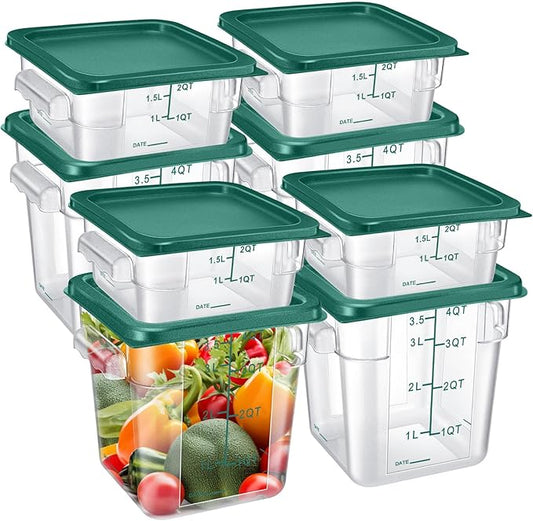 Suclain 8 Pcs Food Storage Container with Lids Set 2qt and 4qt Square Clear Commercial Containers with Scales Handles for Home Restaurant Kitchen Food Storage, Marinating Meat, Proof Dough (Green)
