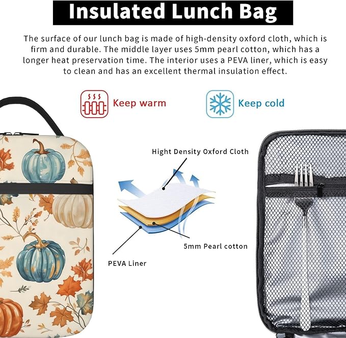 Autumn Pumpkin Lunch Box for Women Girls, Insulated Cooler Fall Leaves and Pumpkins Lunch Bag for School, Picnic, Office, Travel, Work, Portable Reusable Polyester Thermal Tote Lunch Bags