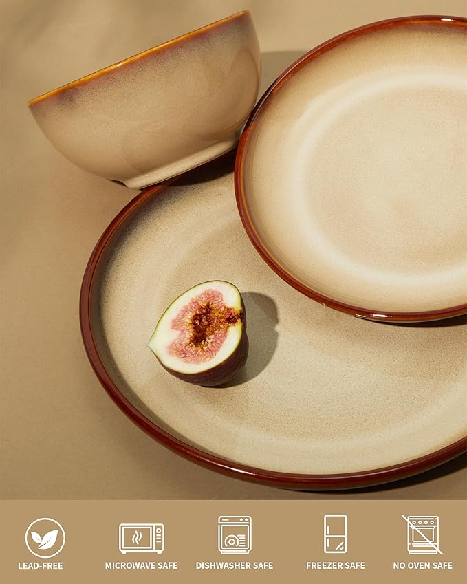 Ceramic Dish Set for 6, 18 Piece Dinnerware Set for Small to Medium Families, Reactive Glaze Design, Dishwasher & Microwave Safe, Brown Yellow