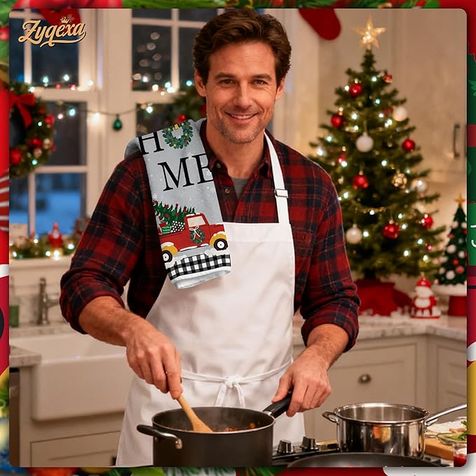 Christmas Kitchen Towels Xmas Decorative Towel - Tea Hand Towel Snowman Truck Towel Absorbent Set with Hanging Loop for Dish Garden Farmhouse Bathroom Holiday Decor, 4 Pcs