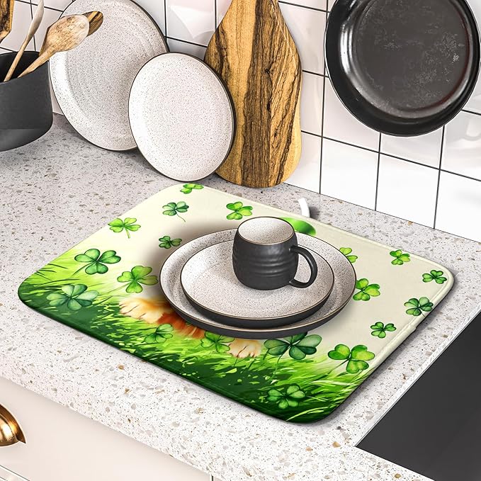 St Patrick's Day Dog Dish Drying Mat 16x18 inch Green Shamrock Dishes Pad Absorbent Microfiber Dish Drainer Mat for Kitchen Counter Coffee