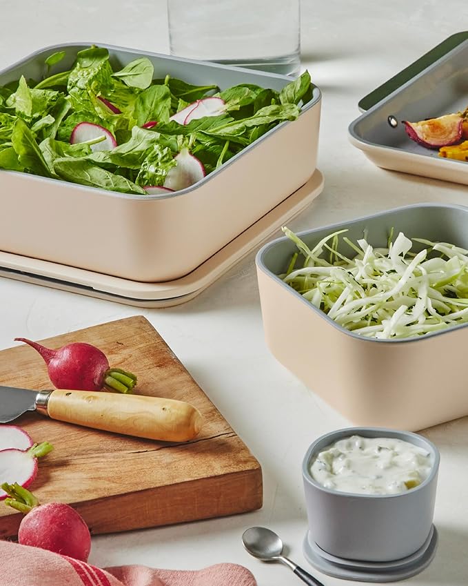 Caraway 3pc Glass Food Storage Set – 10 Cup, 6.6 Cup, & 4.4 Cup Food Containers - Ceramic Coated - Non Toxic Non Stick Lunch Box with Glass Lids - Dishwasher, Oven, & Microwave Safe - Cream