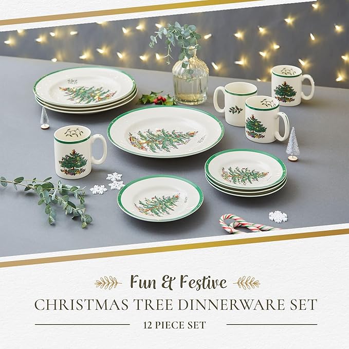 Spode Christmas Tree 12-Piece Dinnerware Set (Service for 4) - Festive Holiday Tableware with Plates & Mugs - Fine Earthenware Christmas Dinnerware - Microwave & Dishwasher Safe