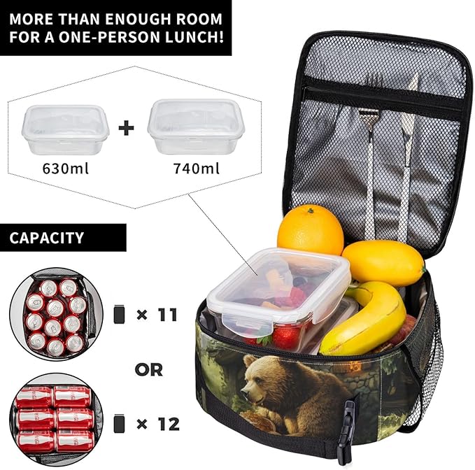 Bear Insulated Lunch Box for Women Men Bear Lunch Bag for Work,Picnic,Travel,Hiking,Beach Polyester