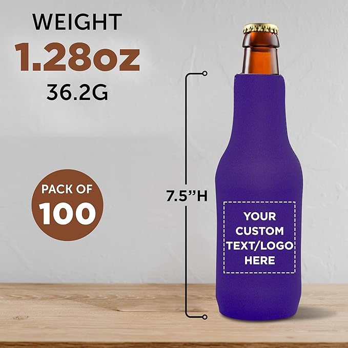 100 Neoprene Zippered Beer Bottle Coolies Pack - Customizable Text, Logo - Sharkskin Rubber Bottom - Purple