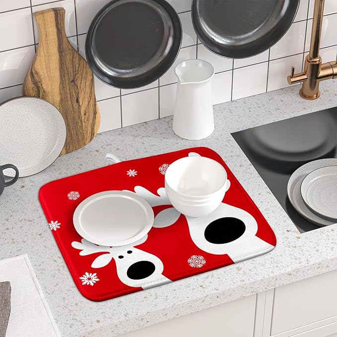 Xmas Dish Drying Mat for Kitchen Counter Cute Reindeer Holiday Snowflake Microfiber Absorbent Dish Draining Reusable Washable Foldable 16"x18"