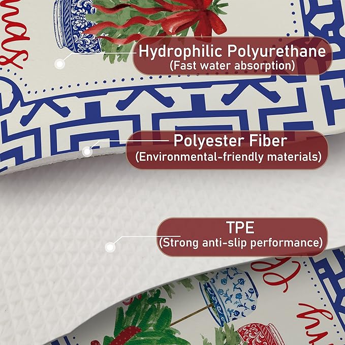 Chinoiserie Merry Christmas Tree Dish Drying Mat, Red Bow Xmas Tree Coffee Bar Mat for Countertops, Grandmillennial Xmas Absorbent Dish Drying Mats for Kitchen Counter Coffee Maker, 16x24 Inch