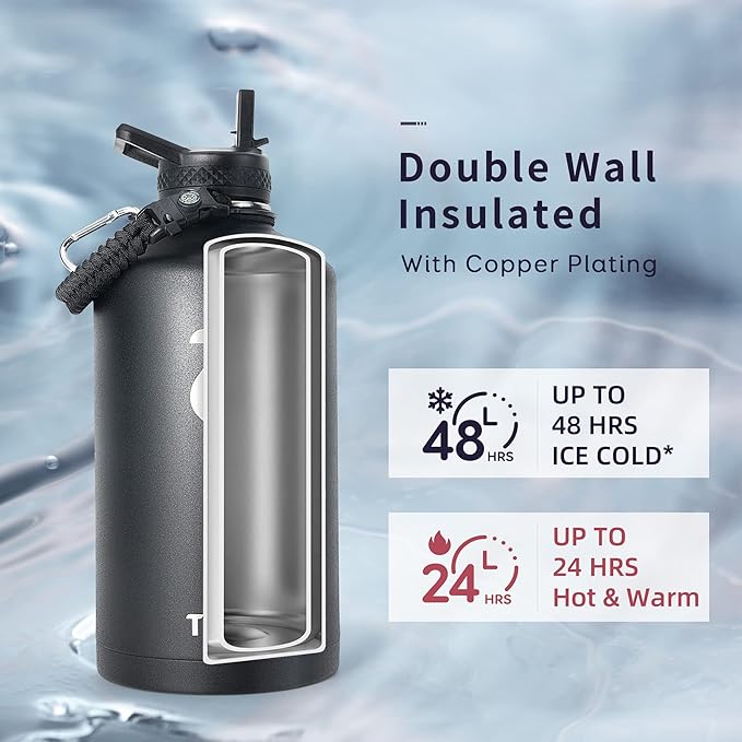 Trebo One Gallon Water Bottle Insulated with Paracord Handle,128oz Large Vacuum Double Wall Stainless Steel Insulated Jug with Straw Spout Handle Lids, Leakproof Keep Cold & Hot,Black