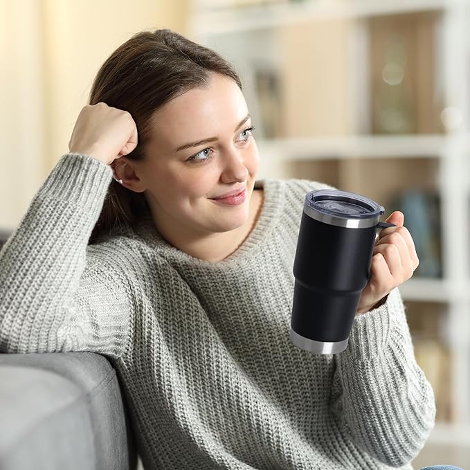 20oz Tumbler Bulk with Lid, Stainless Steel Tumbler Bulk with Handle, Metal Insulated Travel Coffee Mug Set with Handle, Double Wall Vacuum Leak Proof Tumbler Cup, Black 12 Pack