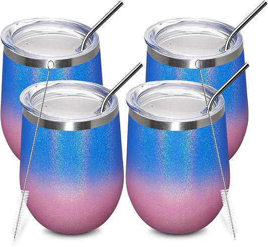 MEWAY 12oz/4 Pack Wine Tumbler Glasses with Lid - Stemless Double Wall Vacuum Stainless Steel Glitter Tumbler - Keeping Cold & Hot Cup for Coffee,for Women(Gradient Pink,Set of 4)