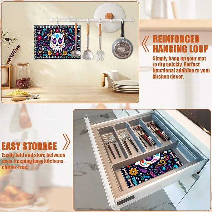 Sugar Skull Dish Drying Mat for Kitchen Counter Microfiber Absorbent Dish Day of the Dead Kitchen Drying Mat Draining Reusable Washable for Dishes/Utensils/Counterto