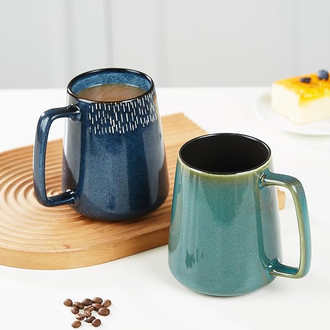 24 OZ Extra Large Ceramic Coffee Mug, with Spoon and Wooden Lid, Big Tea Cups with a Large Handle for Office and Home, Microwave and Dishwasher Safe (24 OZ Star Blue Set)