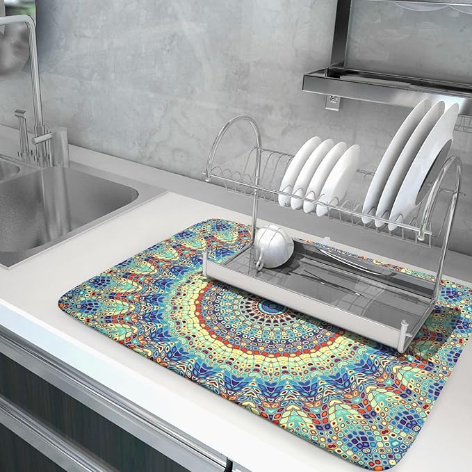 aportt Bohemian Drying Mats for Kitchen Counter 18×24 Inch Boho Mandala Ethnic Large Drying Mat for Dishes Microfiber Farmhouse Dish Rack Mat Drainer Pad Washable Absorbent Dry Mat