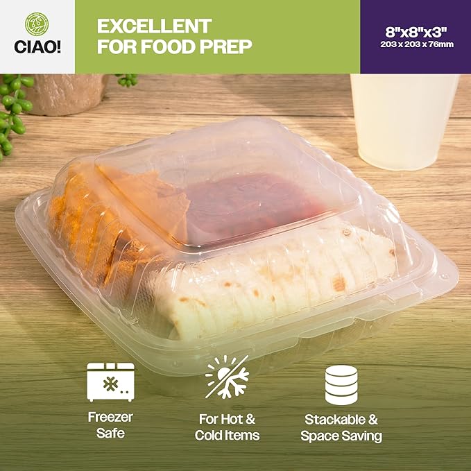 CIAO! 8"x8"x3" 3 Compartment PP Plastic Clear Hinged Container for Take Out (Case of 200)