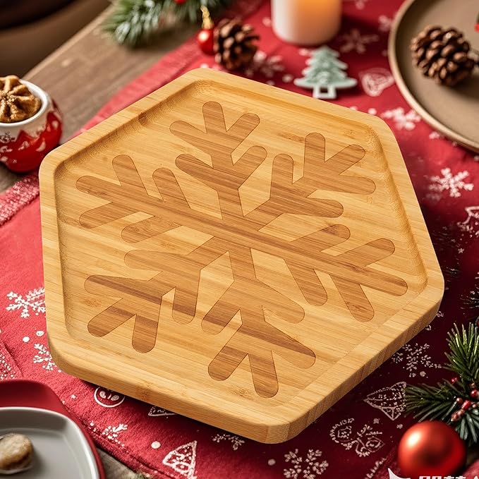 TJ POP Christmas Bamboo Serving Tray – Snowflake Shape – Decorative Sercing Platter for Holiday Snacks & Sweets – Winter Table & Kitchen Decor
