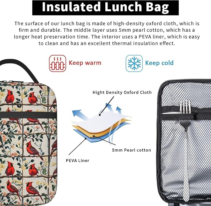 Cardinal Lunch Bag, Polyester Tote Bags with Bird Floral and Branch, Insulated Lunchbox, Portable Lunchbag Nature Decor Gifts for Work, Picnic, School, Travel, Hiking, Beach or Fishing