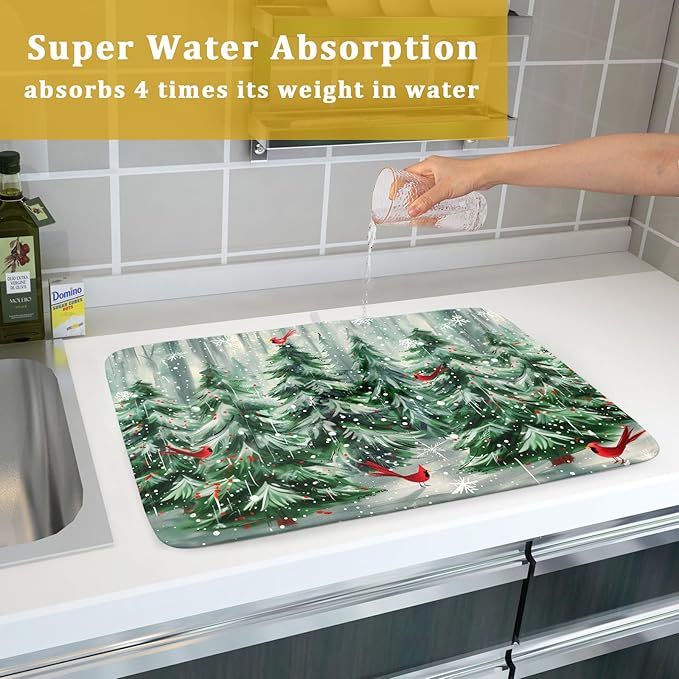 Winter Pine Tree Dish Drying Mat Red Bird Berry Dishes Drainer Mats Absorbent Microfiber Kitchen Counter Protector Drying Mats 18x24 Inch