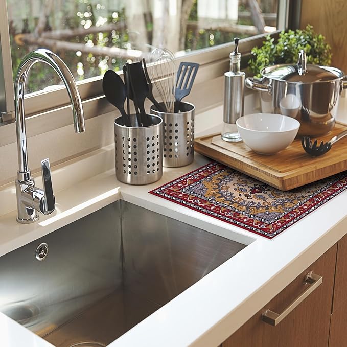 Boho Dish Drying Mat,Persian Original Tribal Drying Rack Pad Countertop Dishes Ultra Absorbent Microfiber Kitchen Counter Mat for Coffee Countertop Decor 18x24 Inch