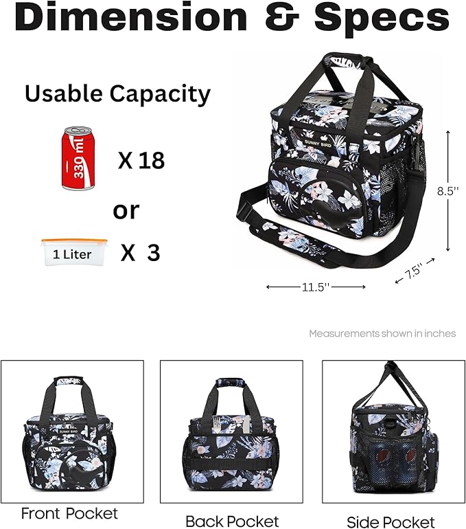 SUNNY BIRD 12L Large Insulated Lunch Bag, Leakproof and Foldable Lunch Cooler Box for Women Adult and Men, Fits 18 Cans (Hibiscus)