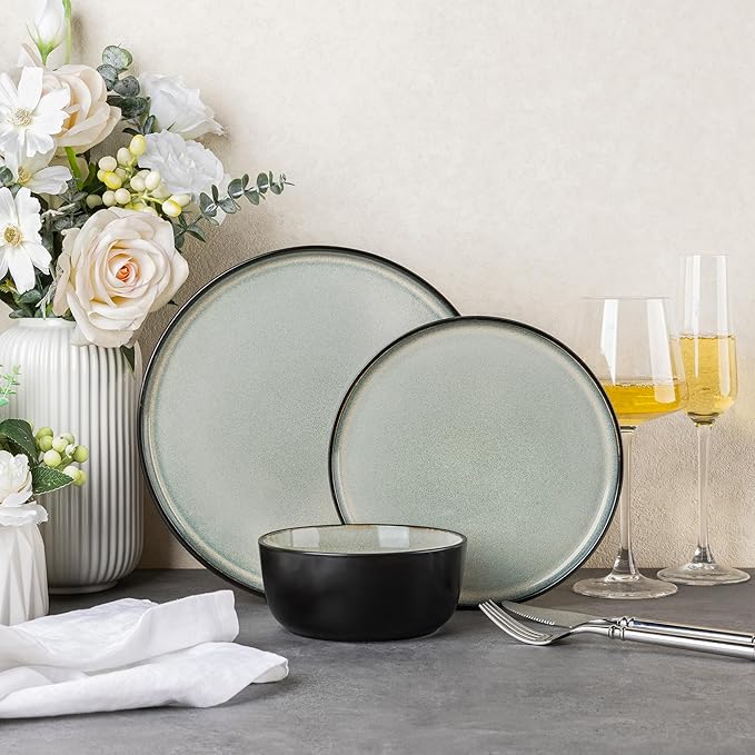AmorArc Stoneware Dinnerware Sets,Round Reactive Glaze Plates and Bowls Set,Highly Chip and Crack Resistant | Dishwasher & Microwave Safe Dishes Set,Service for 4 (12pc)