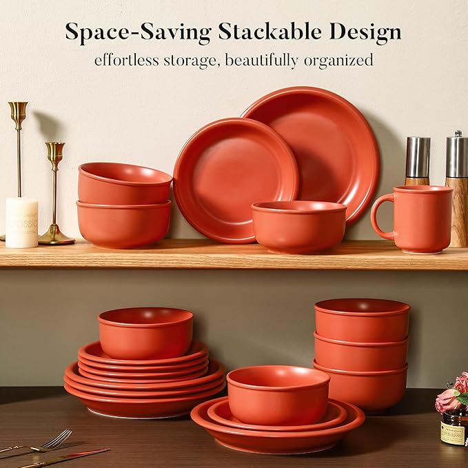 GZG Vintage Series - Ceramic Dinnerware Set for 4, 12 Pieces Stoneware Plates and Bowls Set, Lead-Free, Handcrafted Dishes Set, Microwave & Dishwasher Safe - Terracotta Red