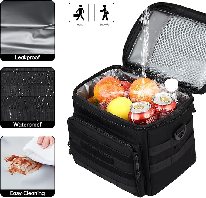 Tactical Lunch Box for Men, Insulated Lunchbox Waterproof Leakproof Cooler Lunch Bag for Work Outdoor Picnic, 24 Cans/15 L, Black
