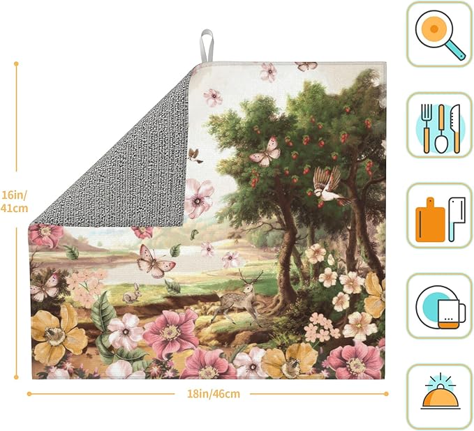 Retro Country Woods Deer Dish Drying Mat 16x18 Inch, Microfiber Absorbent Fast Dry Mat Flowers Butterfly Large Dish Mat Drying Kitchen Mat, Kitchen Drying Pad for Kitchen Counter Coffee Bar Decor