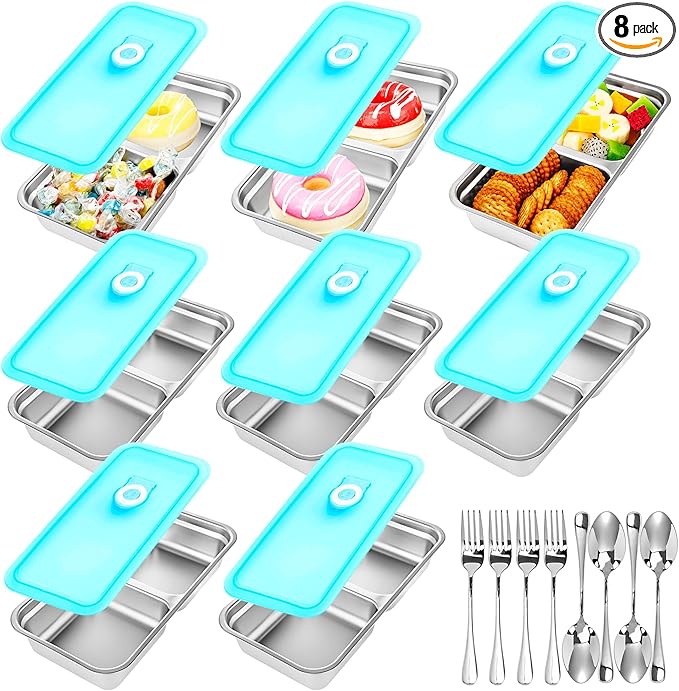 8 Set Stainless Steel Snack Containers with Lids Reusable 2 Compartment Snack Box Spoon Fork for Travel Outing Picnic Fruit Cookies Snacks Waffles Food