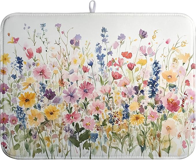 Spring Floral Dish Drying Mat for Kitchen Counter Summer Colorful Flower Kitchen Dishes Dryer Pad Absorbent Matt Microfiber Washable Foldable Reusable Large 18x24 in