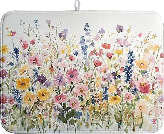 Spring Floral Dish Drying Mat for Kitchen Counter Summer Colorful Flower Kitchen Dishes Dryer Pad Absorbent Matt Microfiber Washable Foldable Reusable Large 18x24 in