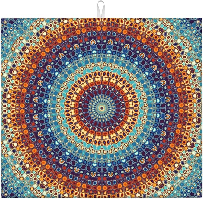 Boho Mandala Orange Blue Green Colorful Drying Mat 16x18 Inch For Kitchen Counter Drying Mats Dish For Kitchen Counter Easy Clean Kitchen
