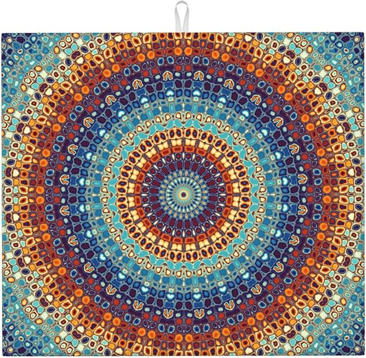 Boho Mandala Orange Blue Green Colorful Drying Mat 16x18 Inch For Kitchen Counter Drying Mats Dish For Kitchen Counter Easy Clean Kitchen