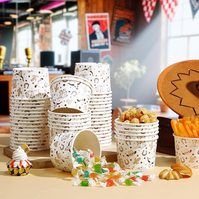 50 Pack Western Cowboy Ice Cream Cups 9 oz Brown Cowboy Boot Disposable Dessert Bowls Paper Soup Bowls for Hot or Cold Food for Western Boho Preppy Wild West Birthday Baby Shower Party
