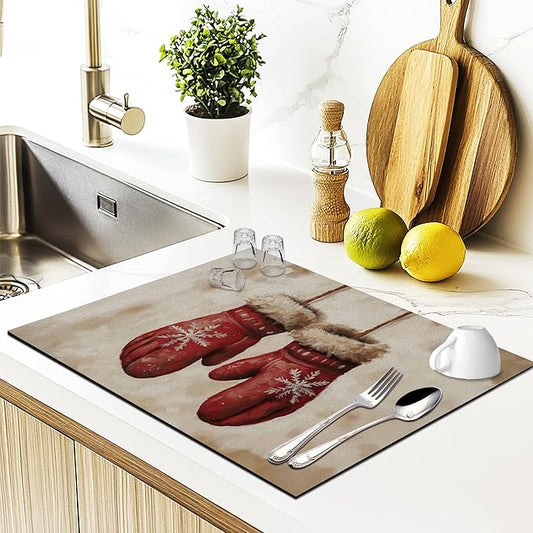 Rustic Christmas Mittens Dish Drying Mat, Vintage Winter Xmas Absorbent Dish Drainer Reusable Washable Drying Mat Pad for Kitchen Counter, Farmhouse Christmas Decor, 12×15 Inch